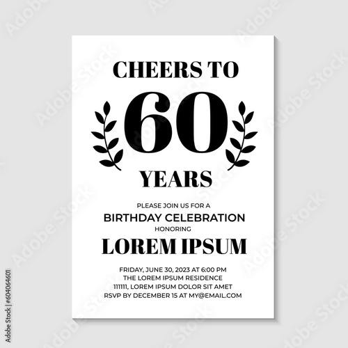 60th Birthday or Anniversary invitation card. Birthday Party invite. Cheers to 60 years. Vector template