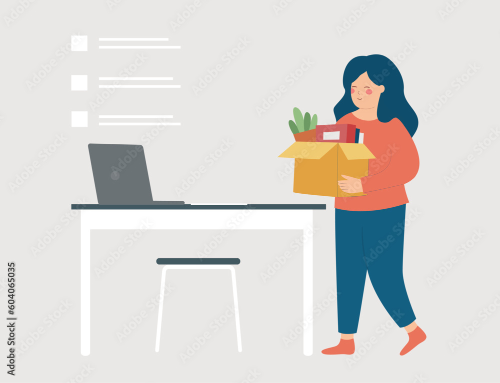 Happy employee holds a big box with her stuff. Woman feels happy because of her new job position. Female worker promoted at work and goes to her new office. Business start up and career concept.