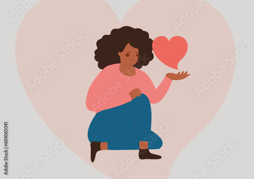 African American woman holds and a big heart. Female care a red heart with care and love while sitting. Woman love and self acceptance concept. Flat vector illustration.
