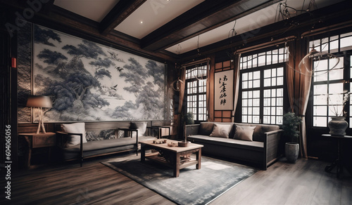 Chinese style residential living room interior