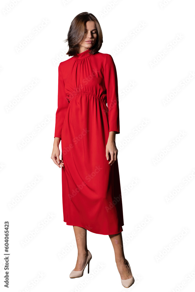 Full-length young brunette woman in stylish evening dress clothes, transparent background, png.