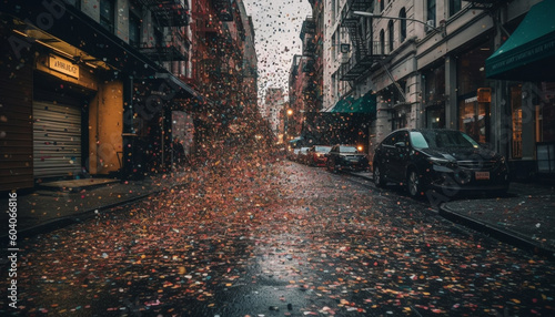 Glowing city life, wet streets, blurred motion generated by AI