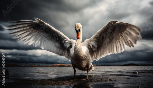 Mute swan spreads wings, taking off mid air generated by AI © Stockgiu