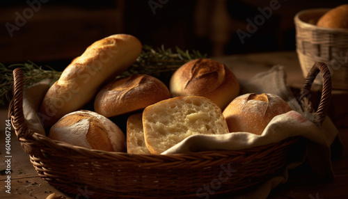 Freshly baked bread basket, a rustic delight generated by AI