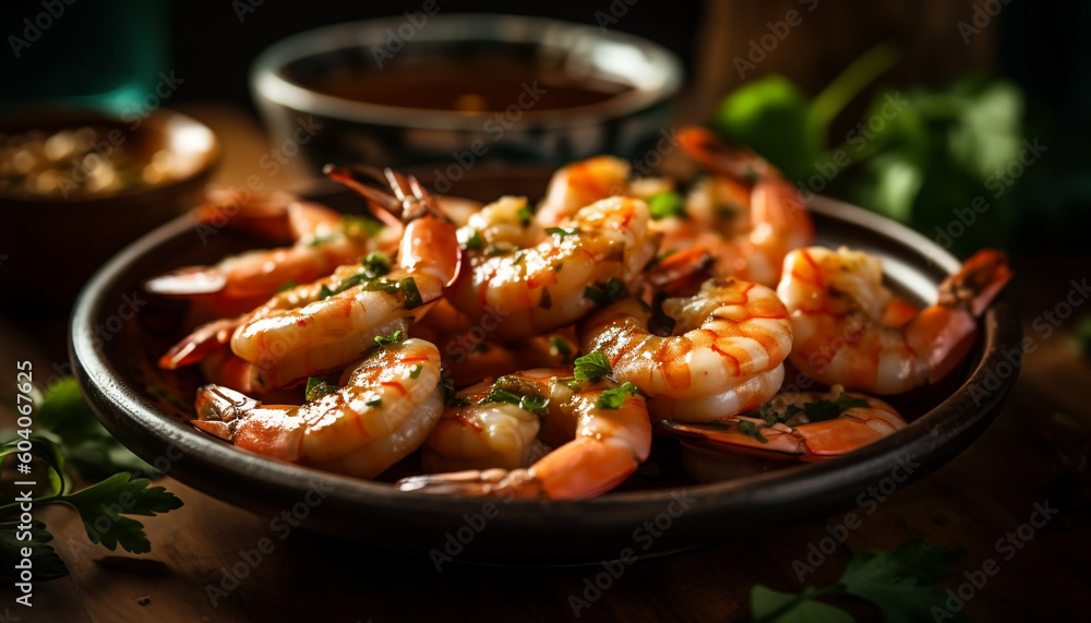 Grilled tiger prawn appetizer on rustic plate generated by AI