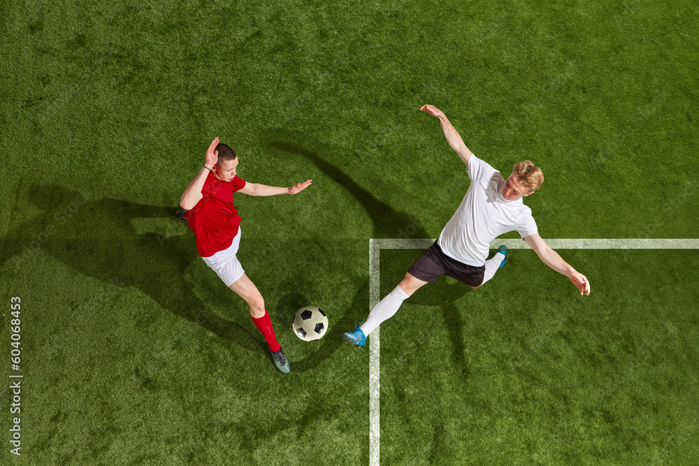 Fototapeta premium Two of football player in sports uniform and football boots playing, training with ball over green grass field background. Aerial view