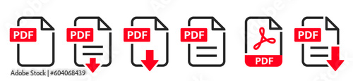PDF file format icons set. PDF file download symbols. Format for texts, images, vector images, videos, interactive forms - stock vector. photo