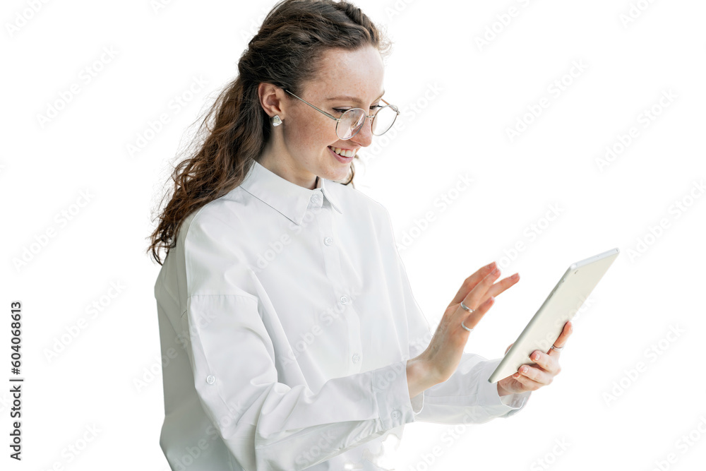 A young creative female student uses a tablet with glasses , transparent background, png. A young creative female student uses a tablet with glasses , transparent background, png.