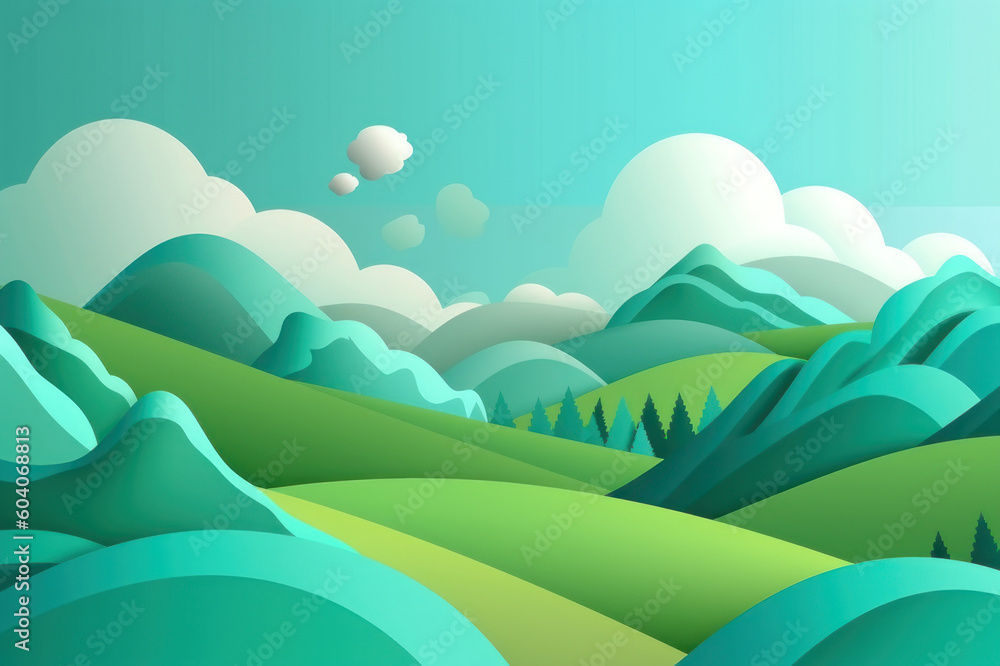Paper green meadow and sky, summer. Background in papercut style. AI generative. Paper green meadow and sky, summer. Background in papercut style. AI generative.