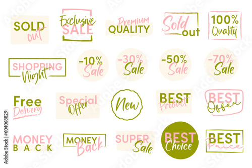 Set of brush sale banners, labels, tags and stickers. 