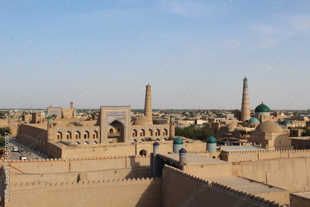 Fototapeta premium Khiva&nbsp;old town historic centre Ichan Qala (Itchan Kala) from above, arabic architecture, Uzbekistan