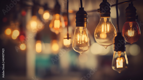 Vintage light bulbs on dark warm blurred background 
