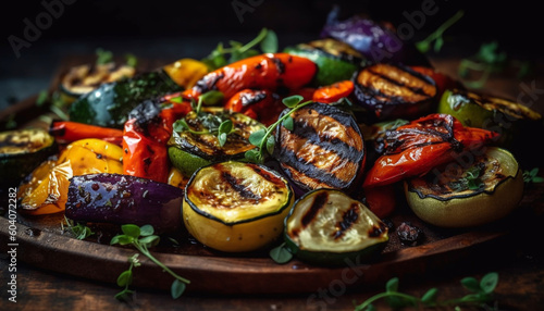 Grilled vegetable plate with fresh tomato and eggplant generated by AI