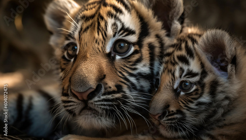 Baby Bengal tiger cub staring at camera generated by AI