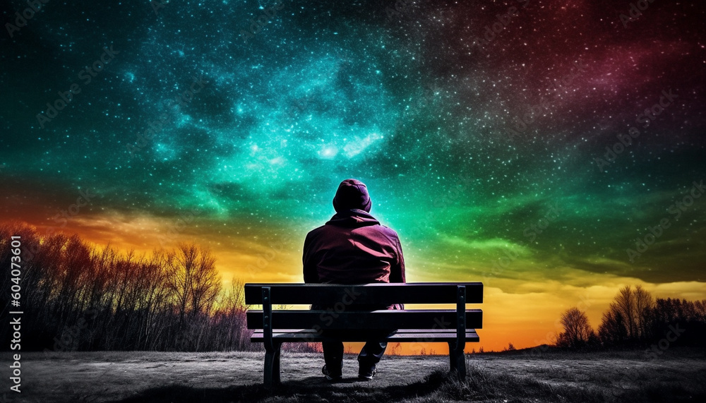 Adult sitting on bench watching Milky Way generated by AI Adult sitting on bench watching Milky Way generated by AI