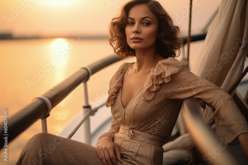 Beautiful girl on a yacht against the background of a bronze sunset, generative ai