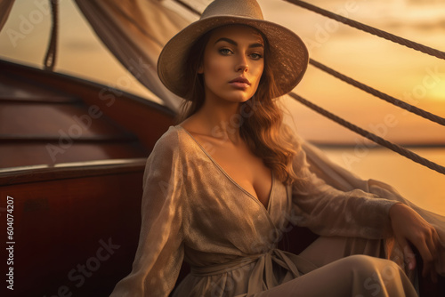 Beautiful girl on a yacht against the background of a bronze sunset, generative ai