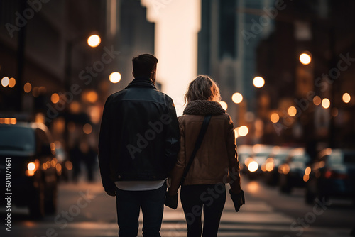 a couple walking on the city street 