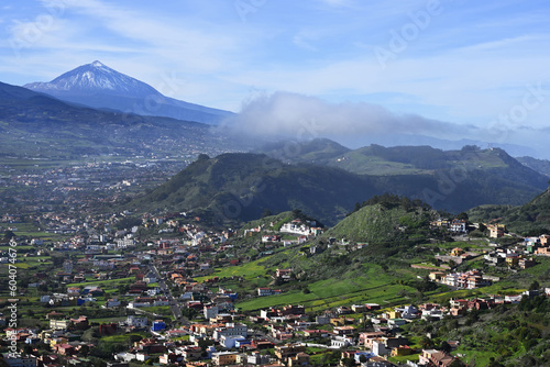 View over Jardina village and Teide Volcano, Anaga rural park and mountains, Tenerife, Canary Islands, Spain