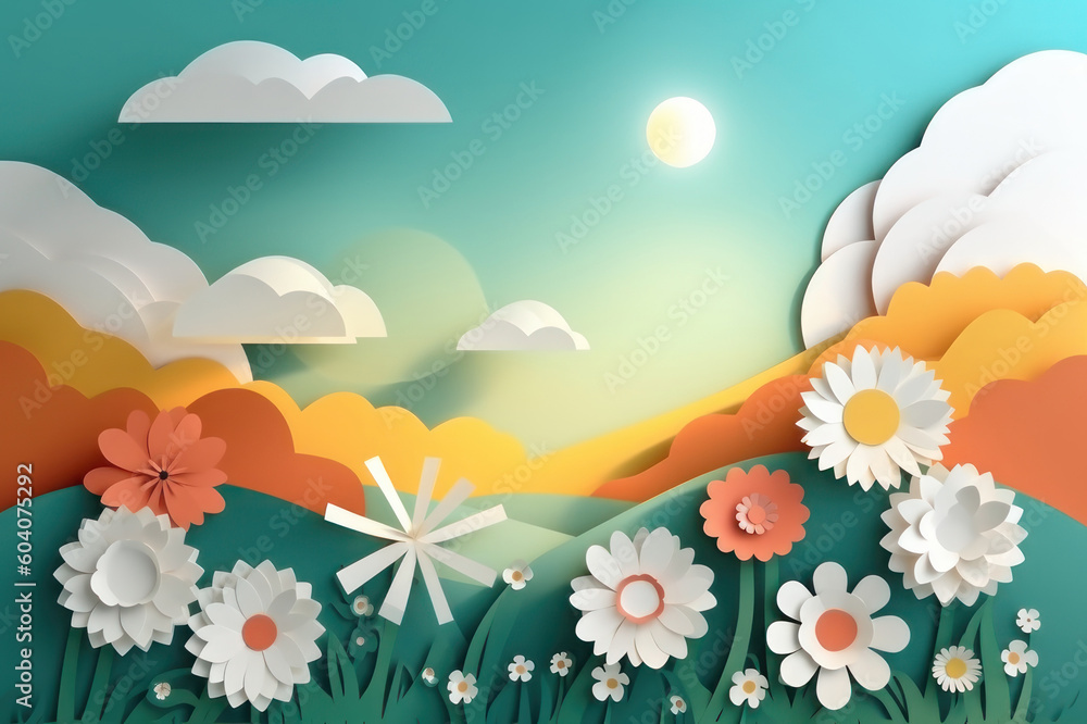Paper flowers in the meadow and sun, summer day. Background in papercut style. AI generative.
