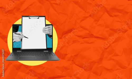 Online survey, questionnaire. Abstract collage, modern technologies.