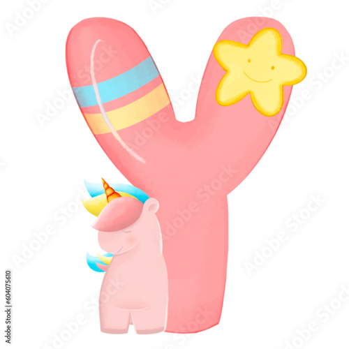 Alphabet with cute unicorn, font in hand-drawn cartoon style. Vector illustration for your design