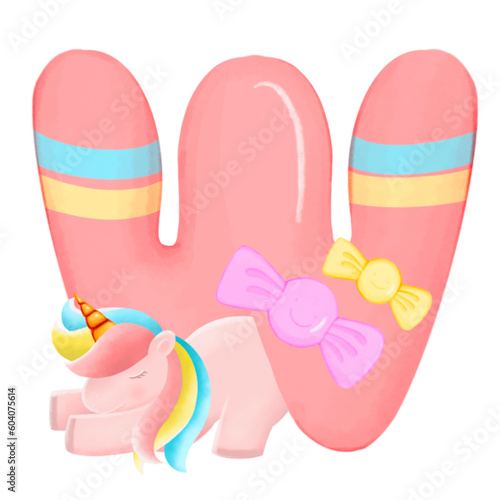 Alphabet with cute unicorn, font in hand-drawn cartoon style. Vector illustration for your design