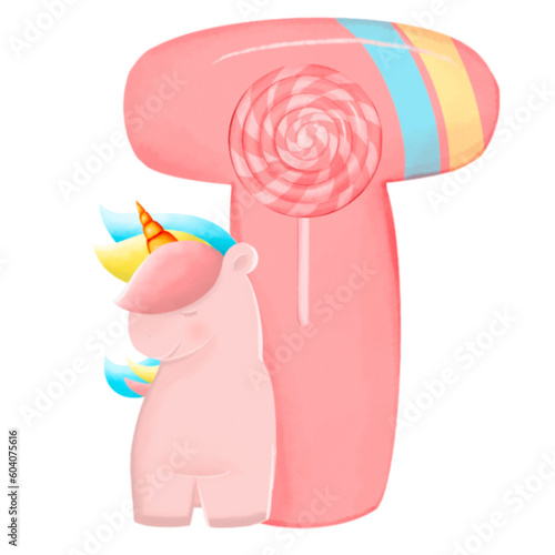 Alphabet with cute unicorn, font in hand-drawn cartoon style. Vector illustration for your design