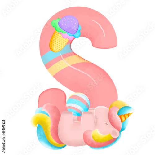 Alphabet with cute unicorn, font in hand-drawn cartoon style. Vector illustration for your design