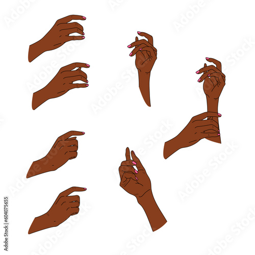 set of hands brown skin pink nails line filled illustration 