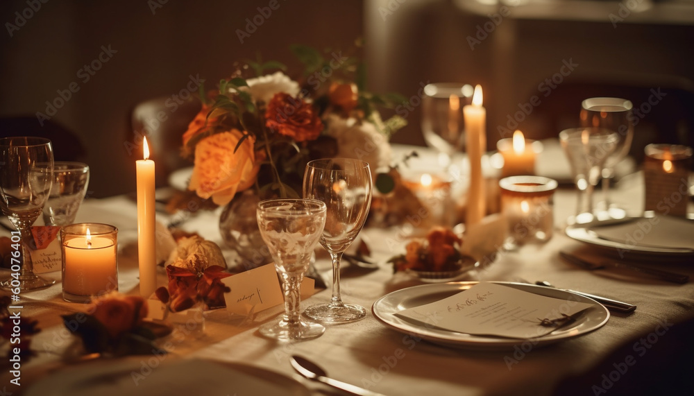 Fototapeta premium Elegant candlelit dinner party with luxurious decor generated by AI
