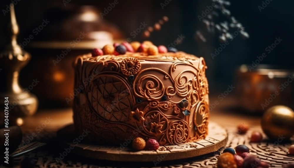 Homemade chocolate cheesecake with berry decoration indoors generated by AI Homemade chocolate cheesecake with berry decoration indoors generated by AI