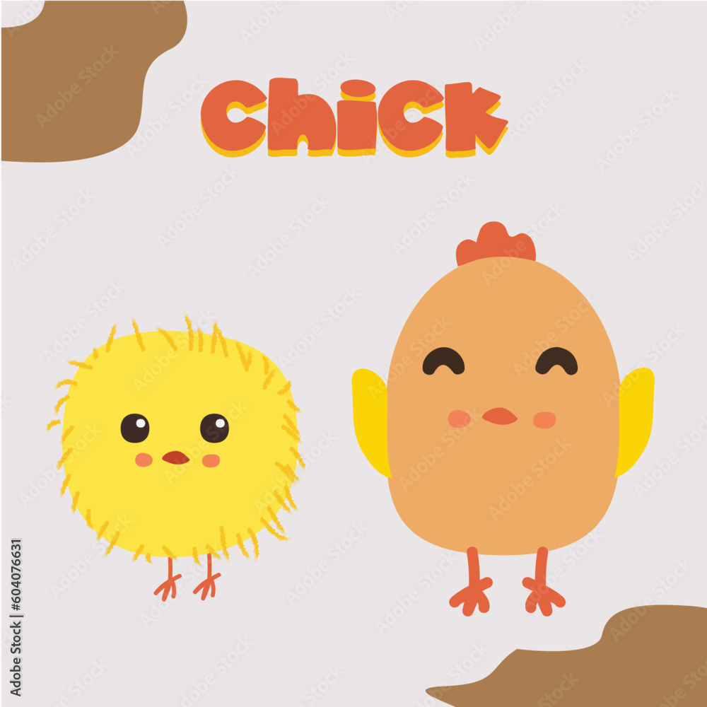 Chicken eggs farm, cute cartoon characters, yellow chicks