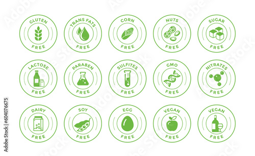 Product free allergen labels. Natural products badges. GMO free emblems. Organic stickers. Healthy eating. Vegan, bio food. Vector illustration.