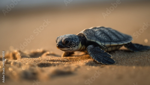 Slow turtle crawling on sand in tropical climate generated by AI