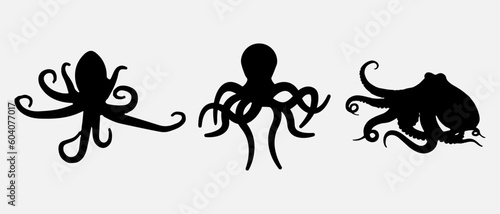 isolated black silhouette of a octopus , vector collection