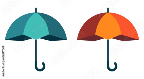 Umbrella icon. Orange and blue umbrella. Vector clipart isolated on white background.