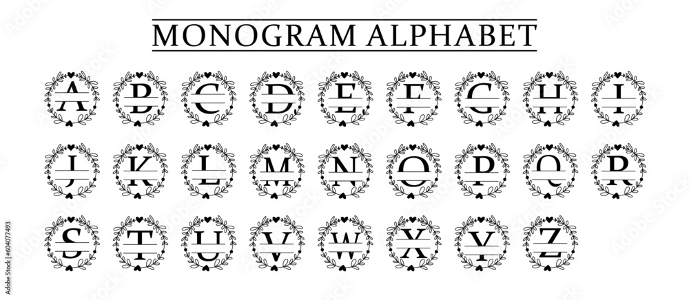 family Monogram letter A-Z, Set of Split alphabet for monogram. Monogram alphabet. Vector illustration for wedding invitation. Set of initial with decorative plant frame and text space 