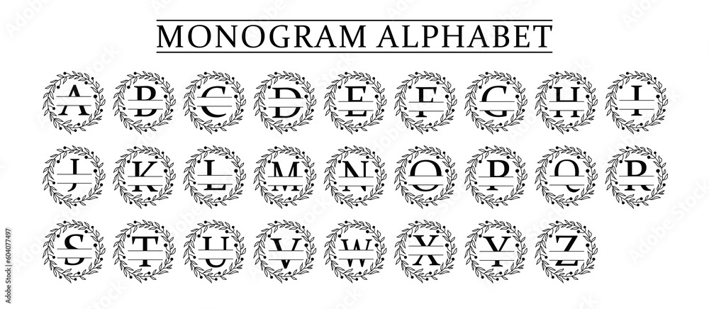 family Monogram letter A-Z, Set of Split alphabet for monogram. Monogram alphabet. illustration for wedding invitation. Set of initial with decorative plant frame and text space family Monogram letter A-Z, Set of Split alphabet for monogram. Monogram alphabet. illustration for wedding invitation. Set of initial with decorative plant frame and text space