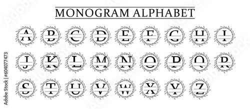 family Monogram letter A-Z, Set of Split alphabet for monogram. Monogram alphabet. Vector illustration for wedding invitation. Set of initial with decorative plant frame and text space 