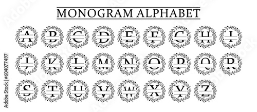 family Monogram letter A-Z, Set of Split alphabet for monogram. Monogram alphabet. illustration for wedding invitation. Set of initial with decorative plant frame and text space 