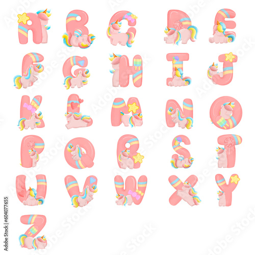 Alphabet with cute unicorn, font in hand-drawn cartoon style. Vector illustration for your design