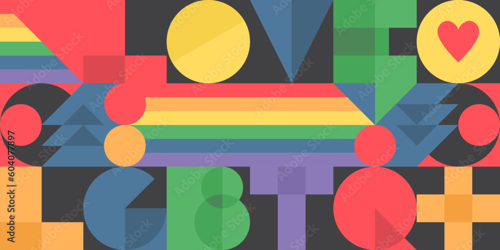 Wektorowe tło społeczności LGBTQ + w prostym stylu bauhaus. Geometryczne elementy. Miesiąc dumy. Koncepcja ruchu praw człowieka. Parada równości. Kolorowy wzór. - obrazy, fototapety, plakaty 