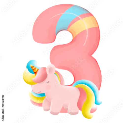 Number with cute unicorn, font in hand-drawn cartoon style. Vector illustration for your design