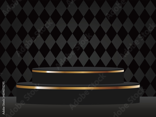 高級感のあるライン入りの台座とダイヤ模様背景　横位置　ブラック＆ゴールド