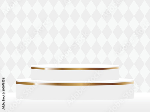 高級感のあるライン入りの台座とダイヤ模様背景　横位置　ホワイト＆ゴールド