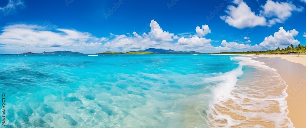 Sunny day beach paradise panorama with white sand and turquoise water, generative AI