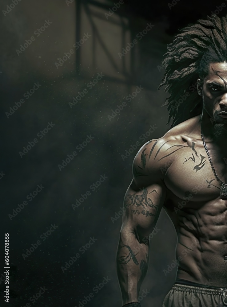 Black tattoed bodybuilder in an underground gym. Generative Ai