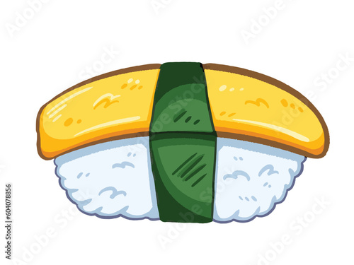 Tamago egg sushi with seaweed nori and rice. Soft, sweet, and delicious japanese food vector illustration isolated on white horizontal background. Textured outlined cartoon simple art styled drawing.