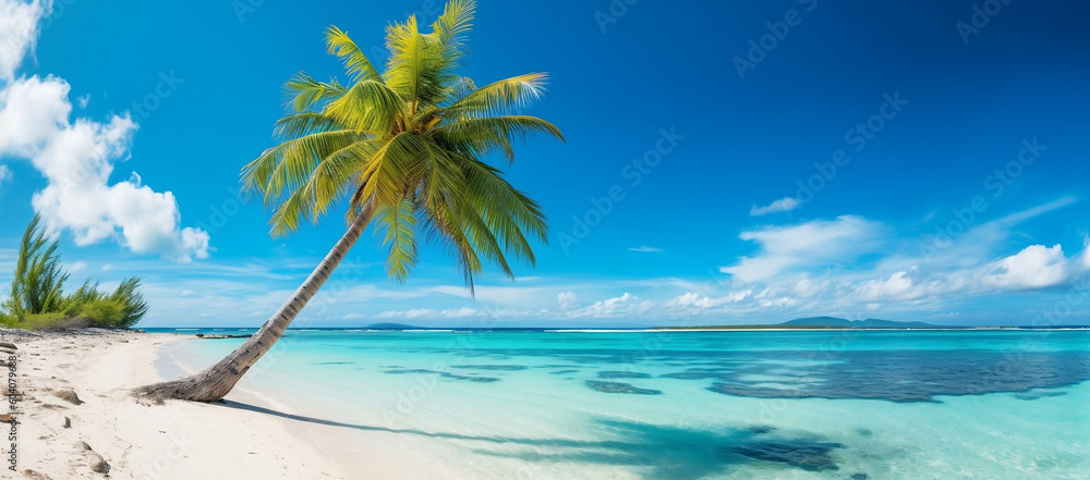 Tropical Paradise: Palm Trees, Blue Skies, and Turquoise Seas for Summer Vacation, generative AI